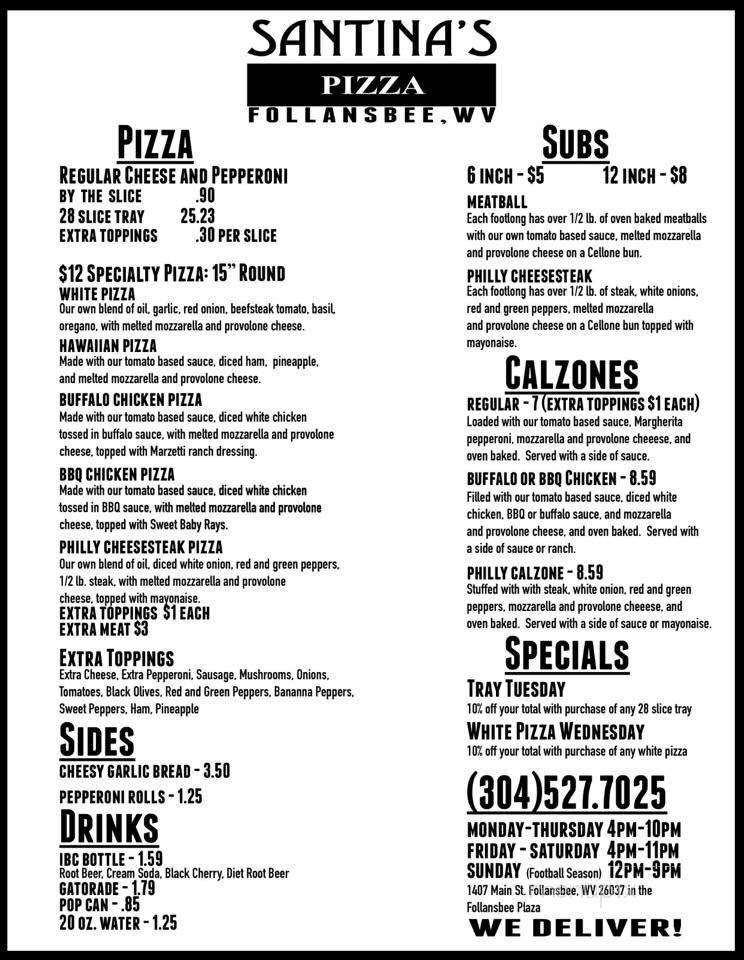 Santina's Pizza - Follansbee, WV menu_pic