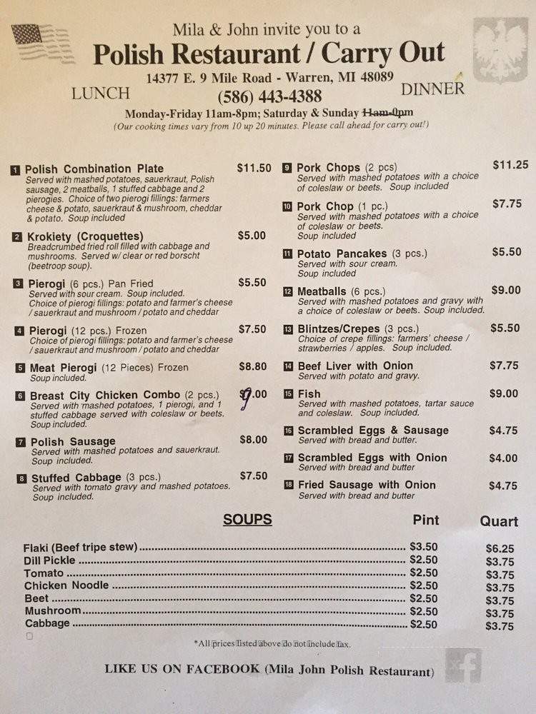 John & Mila's Polish Restaurant - Warren, MI menu_pic