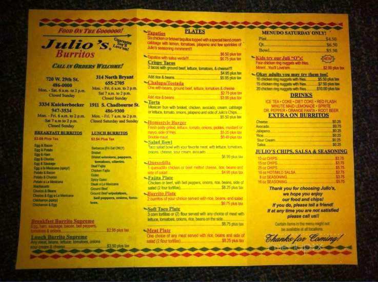 Julio's Burritos - San Angelo, TX menu_pic