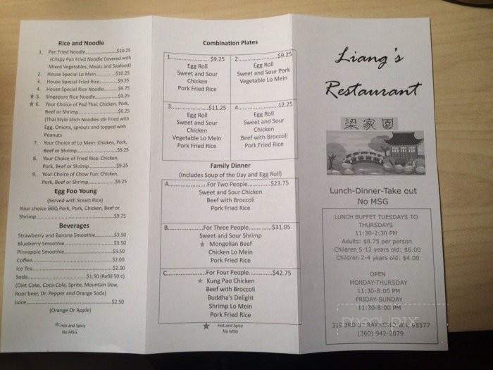 Liang's Restaurant - Raymond, WA menu_pic