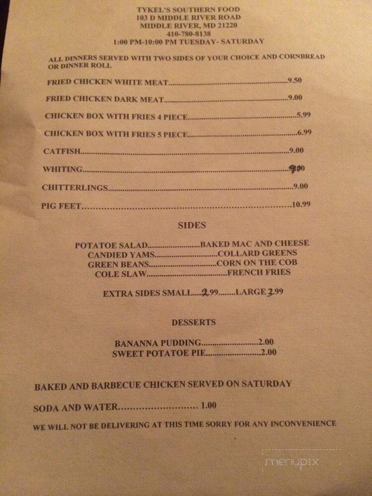 Tykel's Southern Food - Middle River, MD menu_pic
