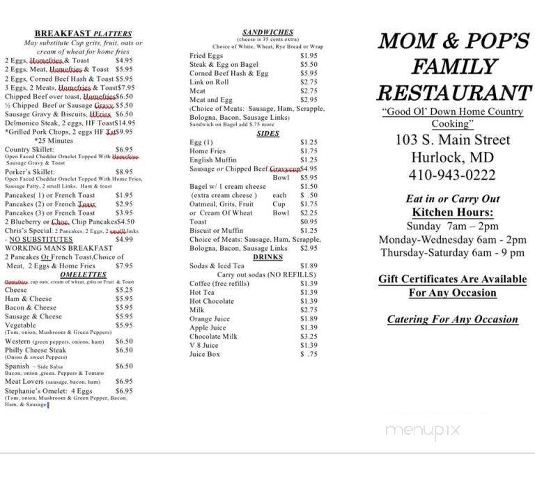 Mom & Pop's Family Restaurant - Hurlock, MD menu_pic