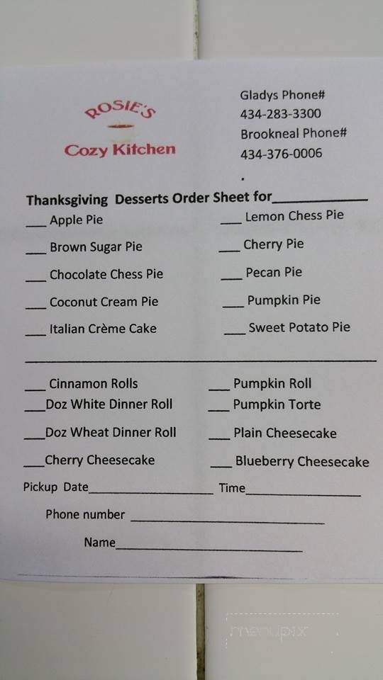 Rosie's Cozy Kitchen - Gladys, VA menu_pic