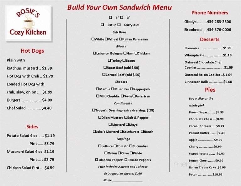 Rosie's Cozy Kitchen - Gladys, VA menu_pic