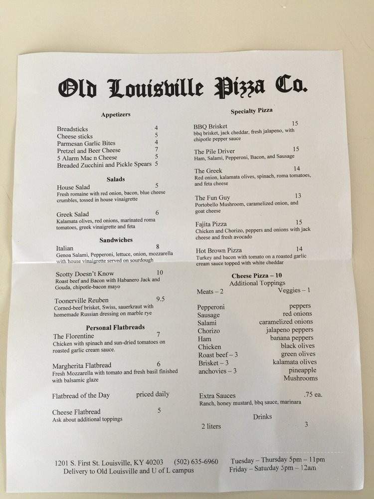 Old Louisville Pizza Company - Louisville, KY menu_pic
