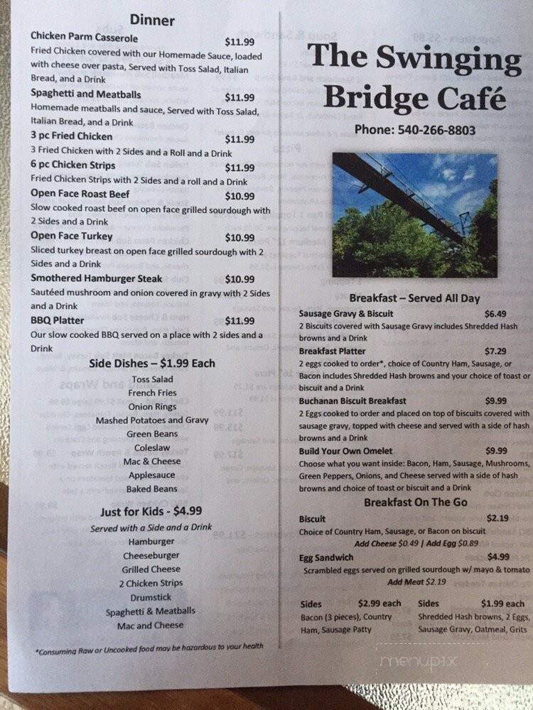The Swinging Bridge Cafe - Buchanan, VA menu_pic