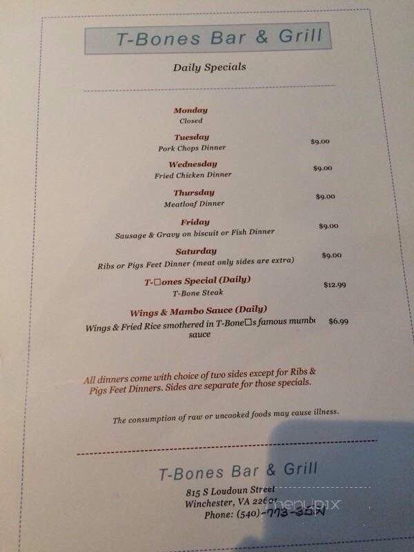 T-Bones Bar & Grill - Winchester, VA menu_pic