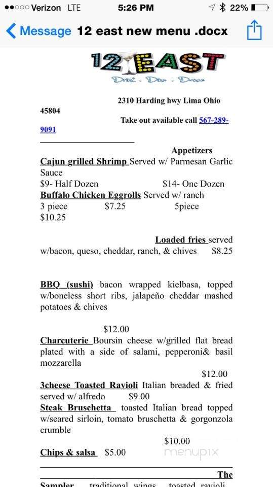 12 East - Lima, OH menu_pic