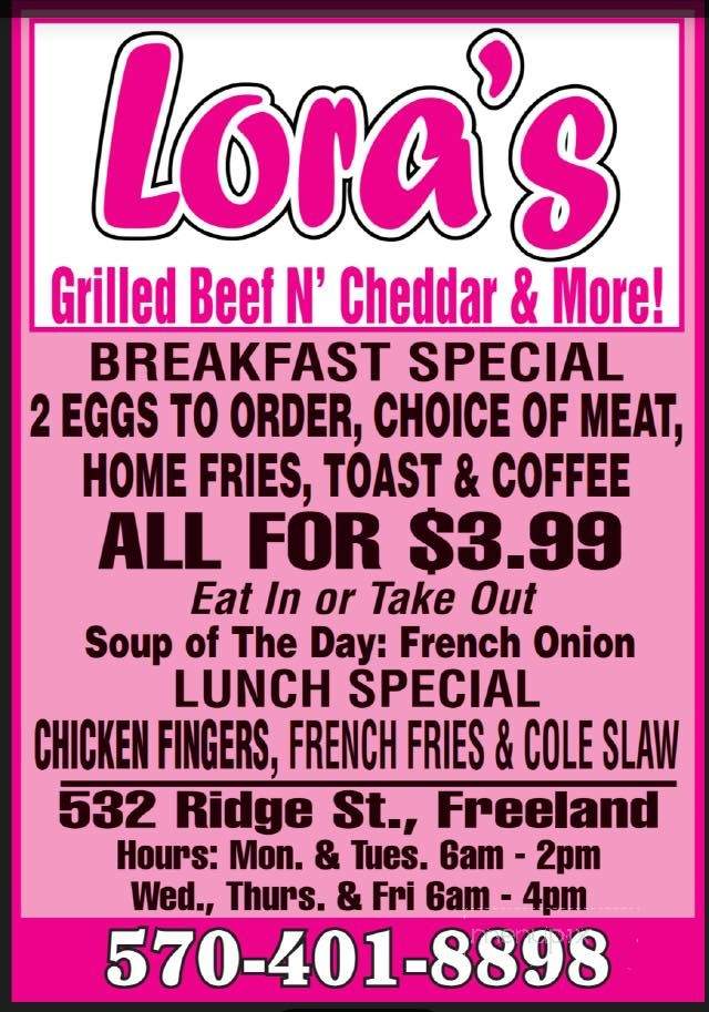 Menu of Lora's Grilled Beef 'n' Cheddar & More in Freeland, PA 18224
