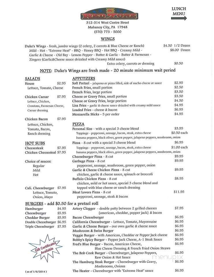 M & M Redzone - Mahanoy City, PA menu_pic