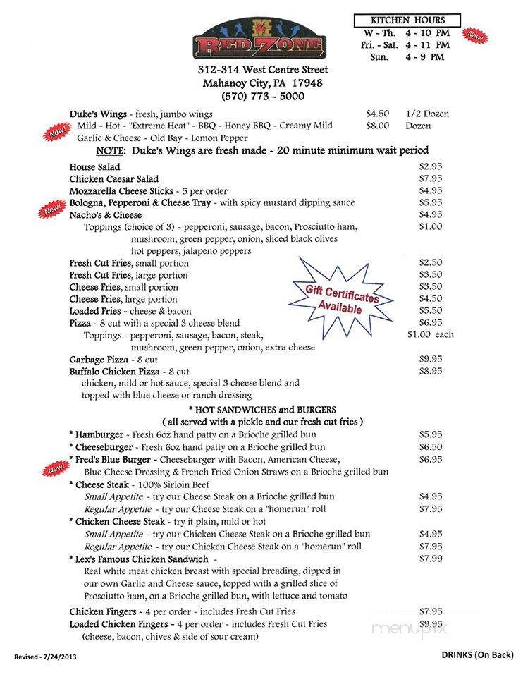 M & M Redzone - Mahanoy City, PA menu_pic