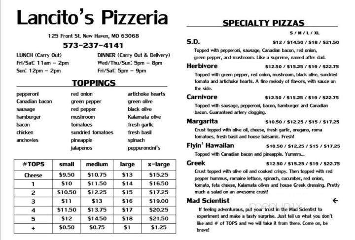 /250065674/Lancitos-Pizzeria-Menu-New-Haven-MO - New Haven, MO