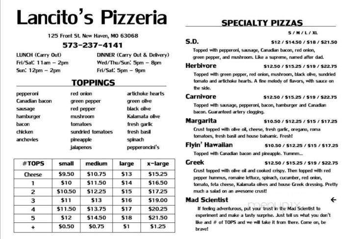 Lancitos Pizzeria - New Haven, MO menu_pic