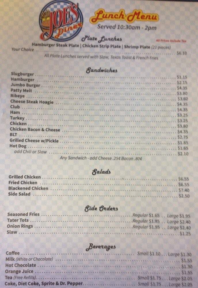 Menu of Joe's Diner in Corinth, MS 38834