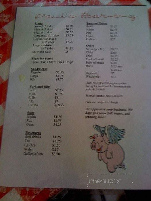 Paul's B-B-Q - Lexington, GA menu_pic