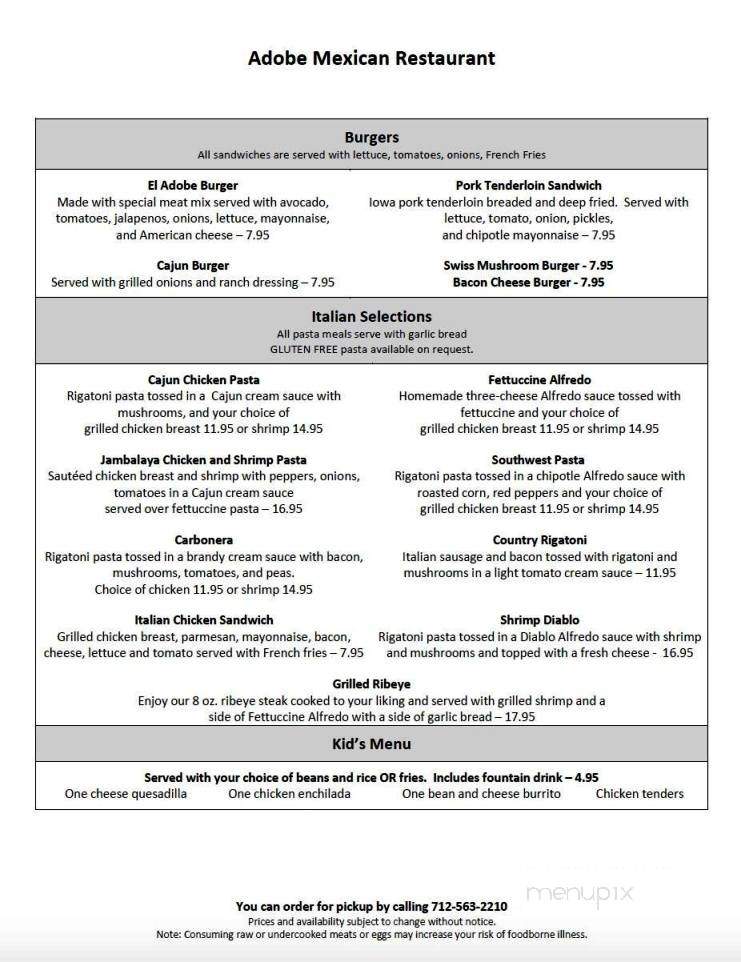 Adobe Mexican Restaurant - Audubon, IA menu_pic