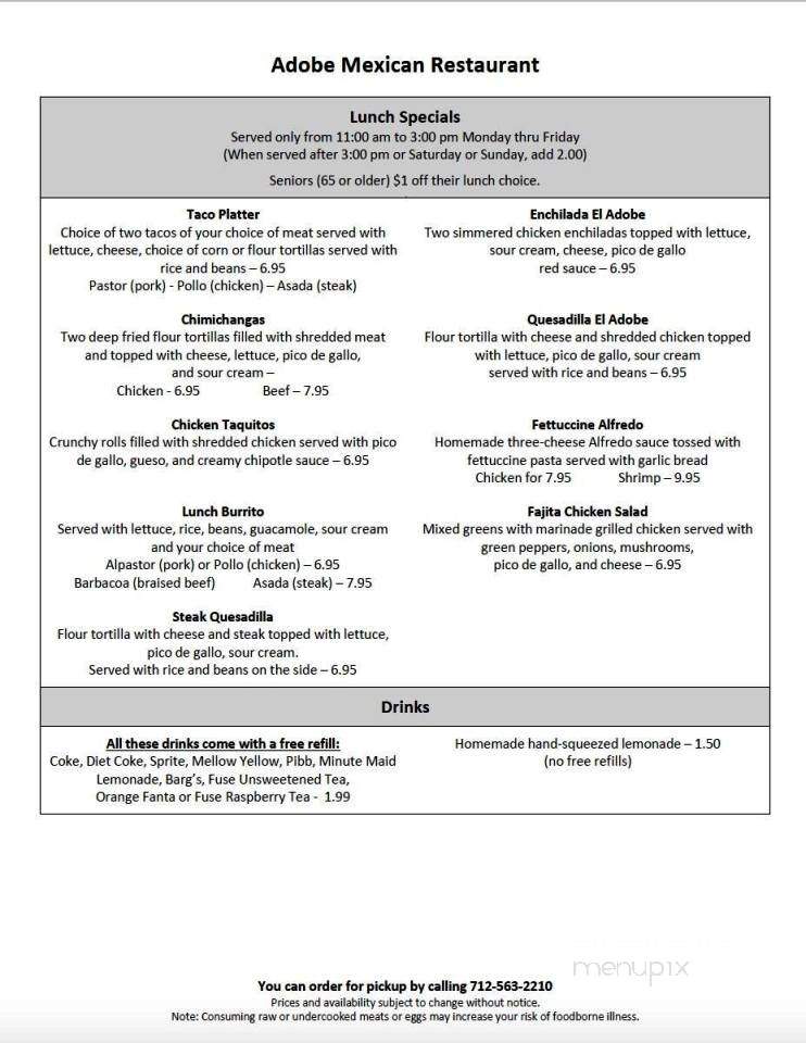 Adobe Mexican Restaurant - Audubon, IA menu_pic