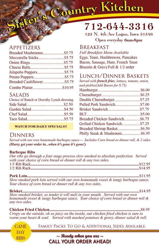 Sister's Country Kitchen - Logan, IA menu_pic