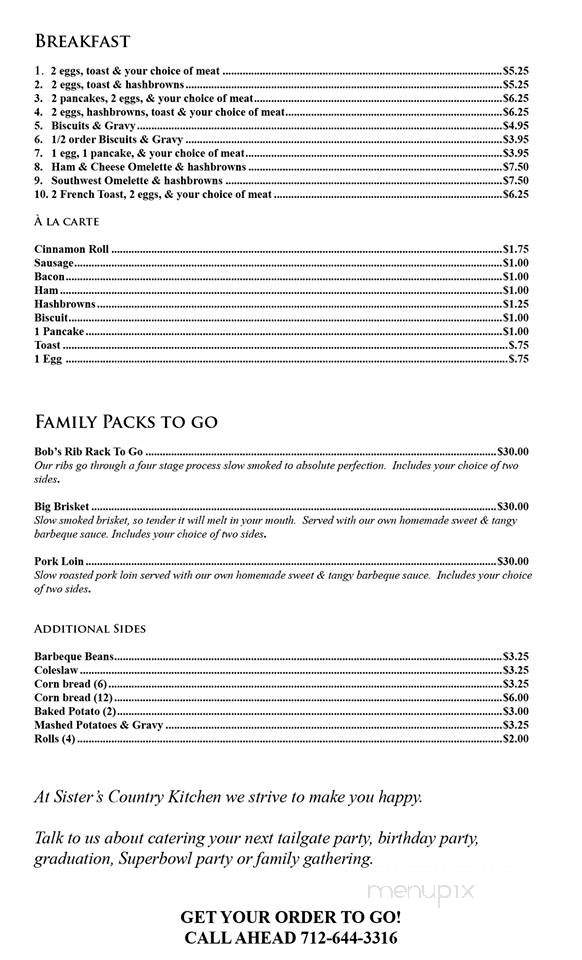 Sister's Country Kitchen - Logan, IA menu_pic