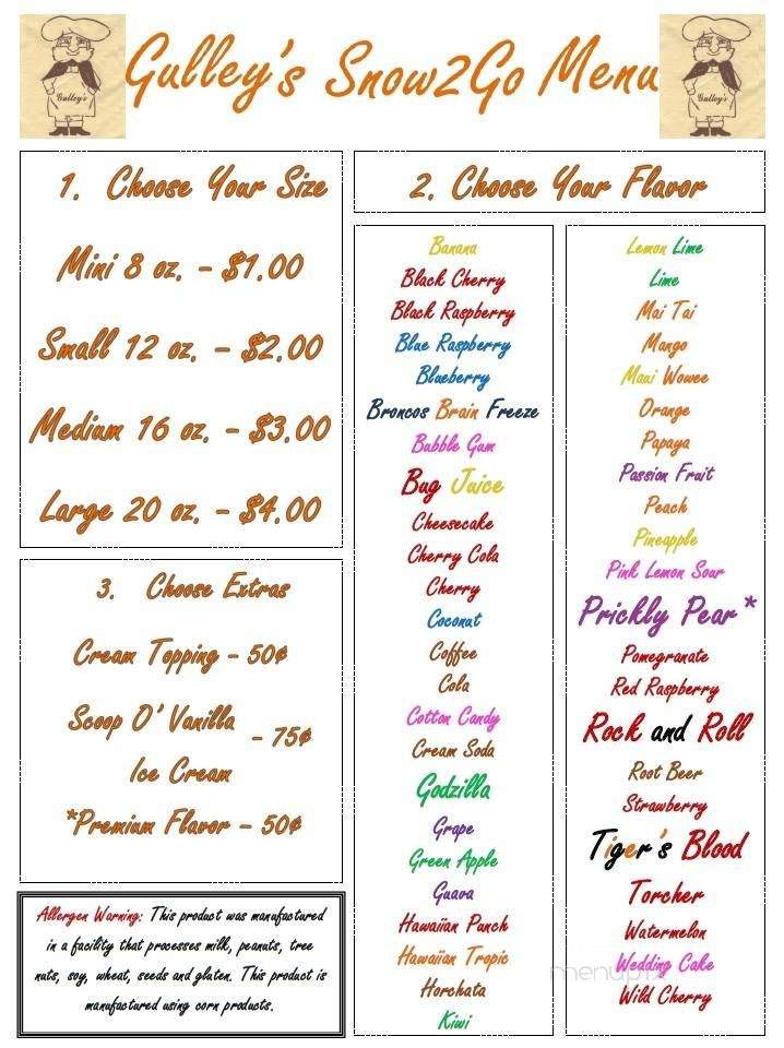 Gulley's Snow 2 Go - Henderson, CO menu_pic