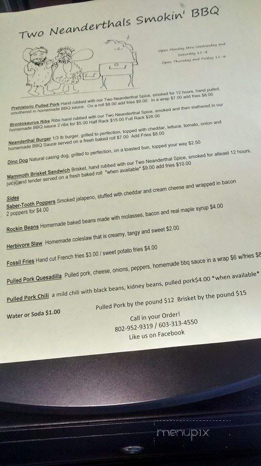 Two Neanderthals Smokin' BBQ - Springfield, VT menu_pic