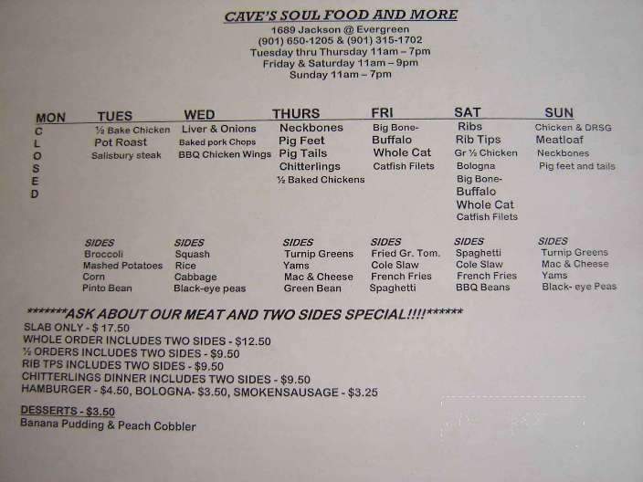Caves Soul Food and More - Memphis, TN menu_pic