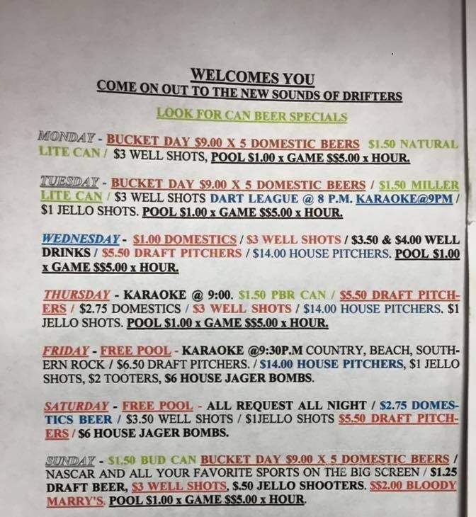 Drifters Country Saloon - Spring Lake, NC menu_pic