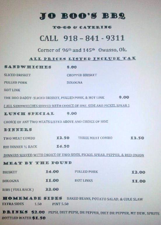 Menu Of Jo Boos Bbq In Owasso Ok 74055