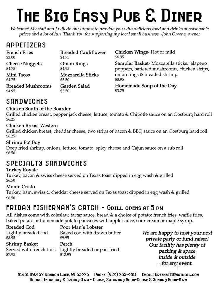 The Big Easy Bar & Grill - Random Lake, WI menu_pic