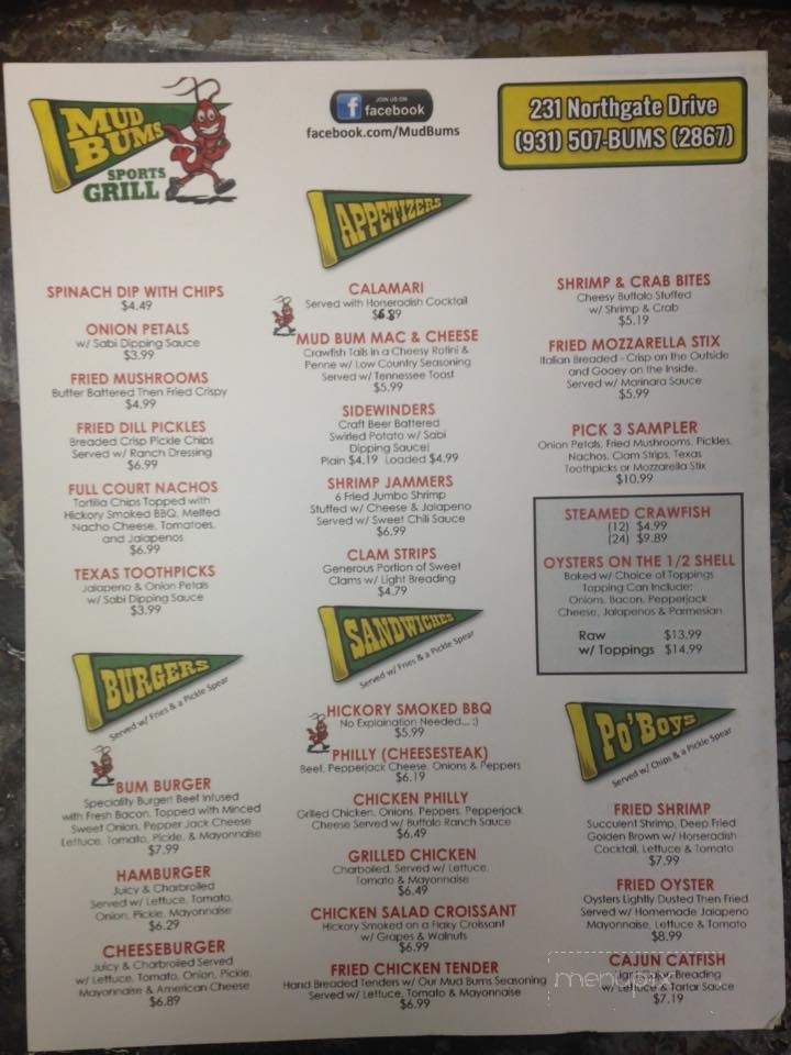 Mud Bums - McMinnville, TN menu_pic