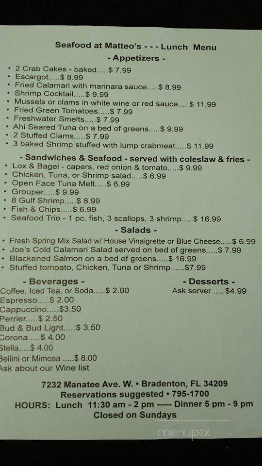Seafood At Matteo's - Bradenton, FL menu_pic