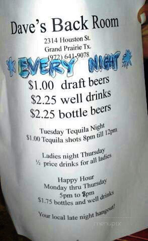 Dave's Backroom Bar - Grand Prairie, TX menu_pic