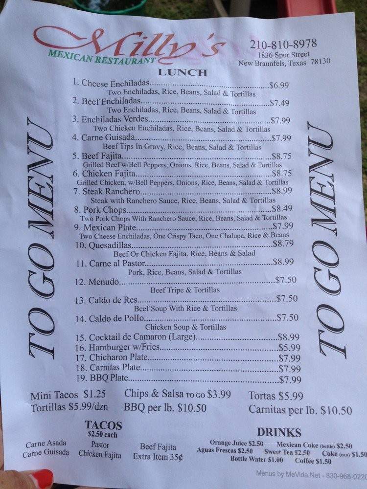 Milly's - New Braunfels, TX menu_pic