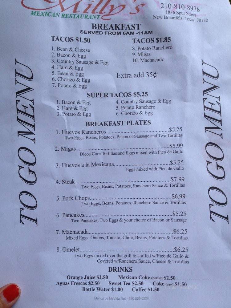 Milly's - New Braunfels, TX menu_pic