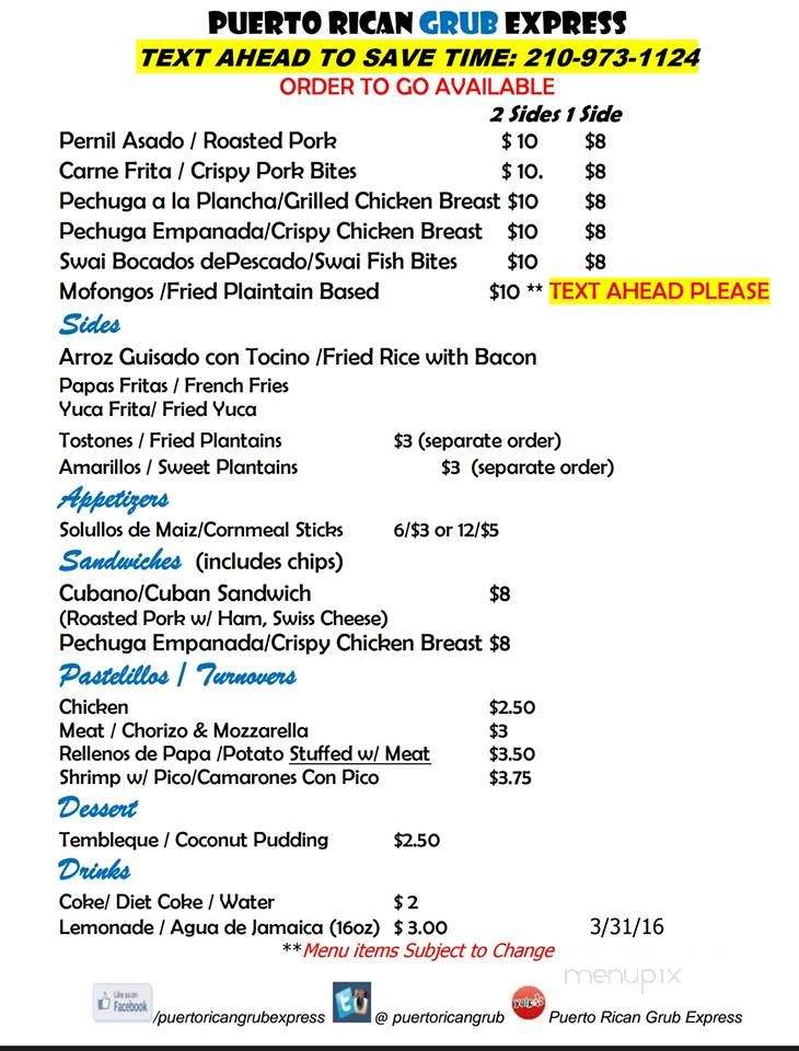Puerto Rican Grub Express - San Antonio, TX menu_pic