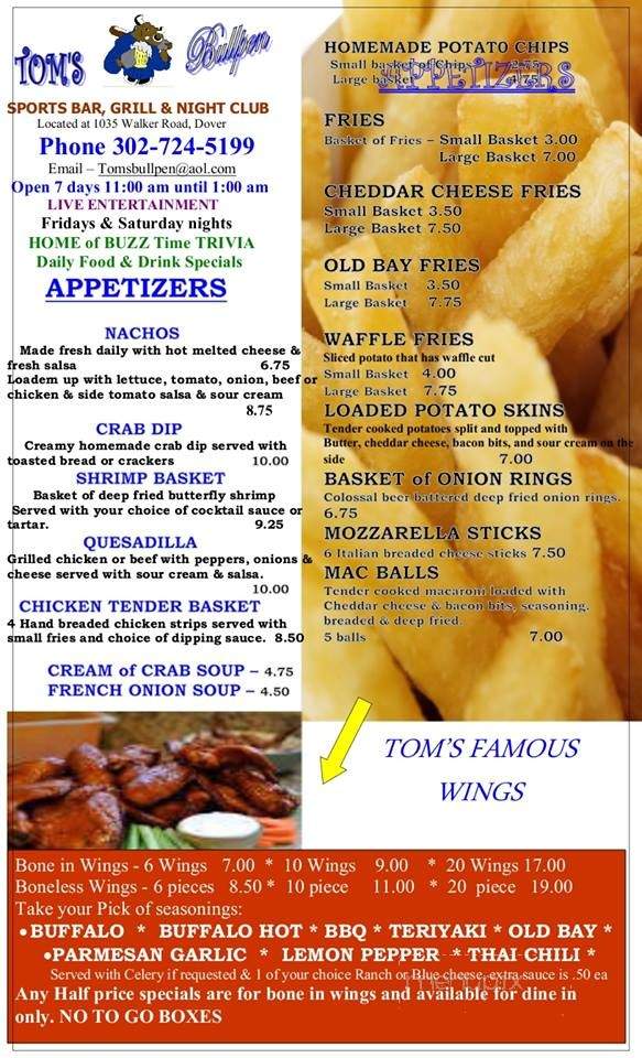 Tom's Bullpen - Dover, DE menu_pic