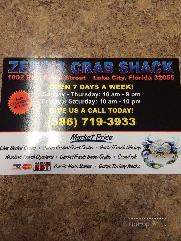 Zebo's Crab Shack - Lake City, FL menu_pic