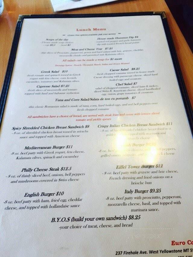 Euro Cafe - West Yellowstone, MT menu_pic