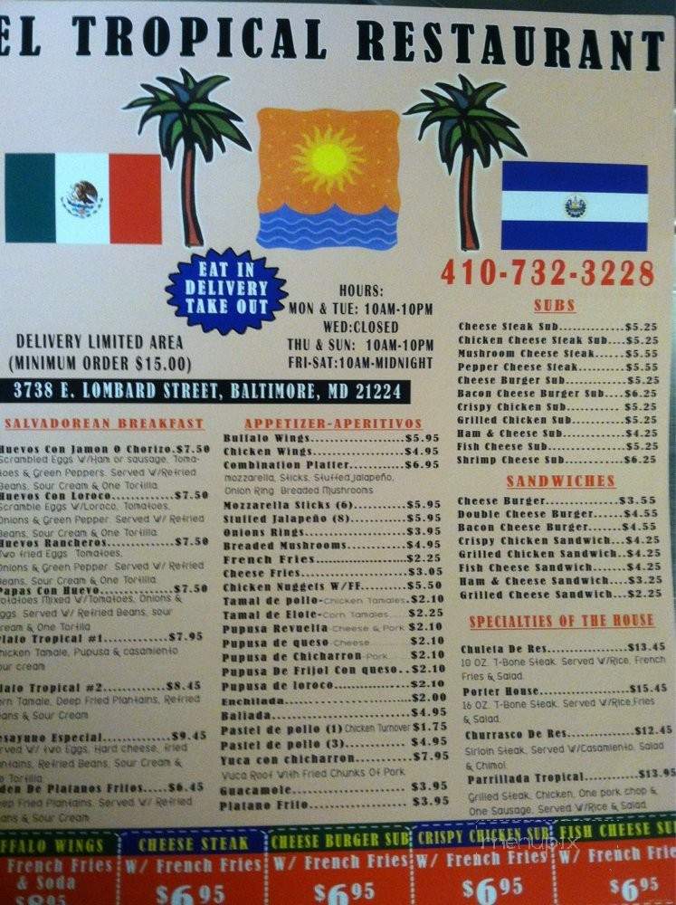 El Tropical Restaurant - Baltimore, MD menu_pic