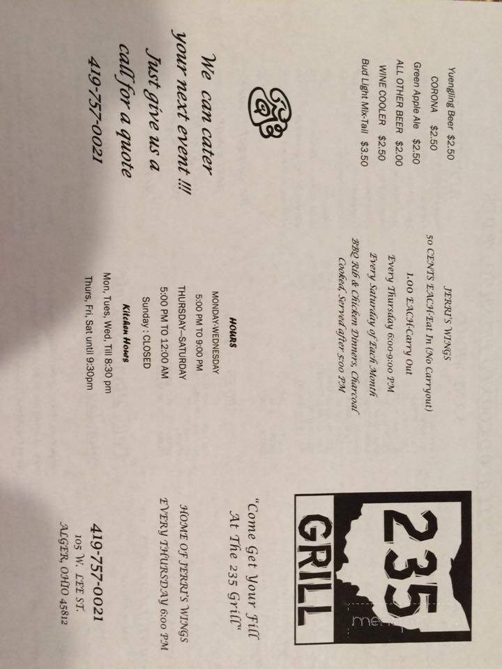 235 Grill - Alger, OH menu_pic