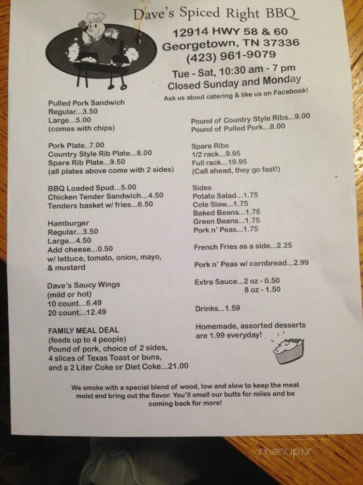Dave's Spiced Right BBQ - Georgetown, TN menu_pic
