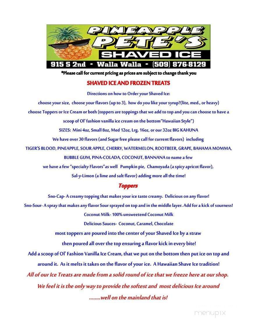 Pineapple Pete's Shaved Ice - Walla Walla, WA menu_pic