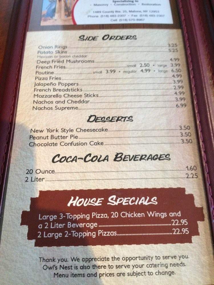Owl's Nest Pizza And More - Chateaugay, NY menu_pic