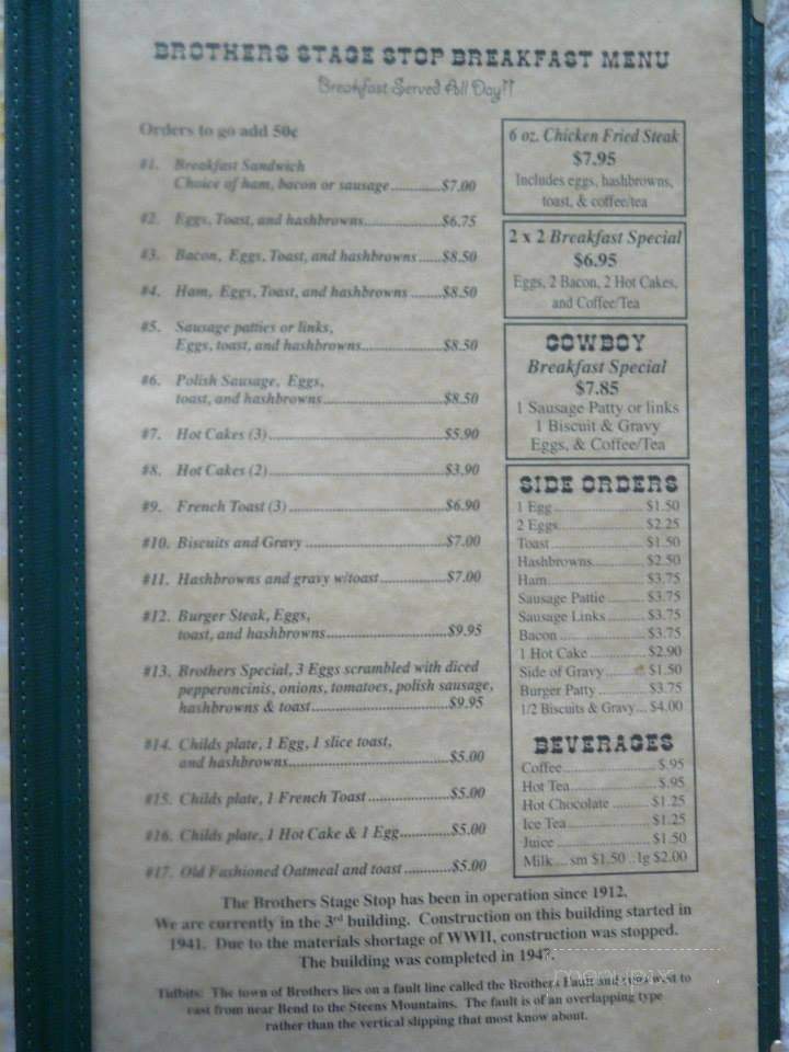 Brothers Stagecoach Stop & Cafe - Brothers, OR menu_pic