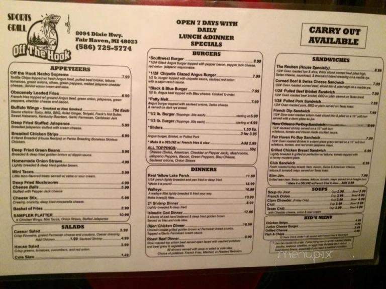 Off the Hook Sports Grill - Fair Haven, MI menu_pic