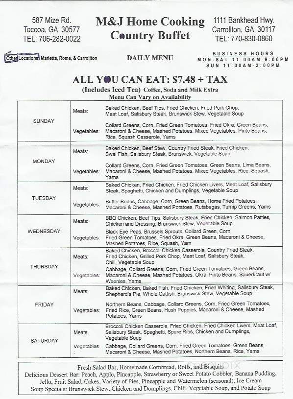 M & J Home Cooking - Toccoa, GA menu_pic