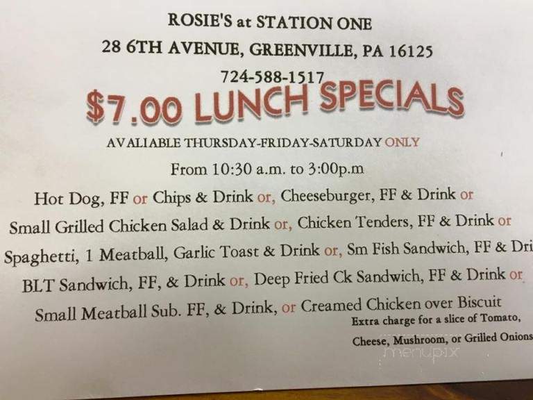 Rosie's at Station One - Greenville, PA menu_pic