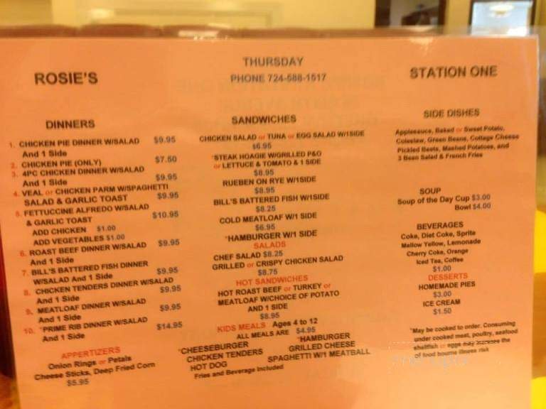 Rosie's at Station One - Greenville, PA menu_pic