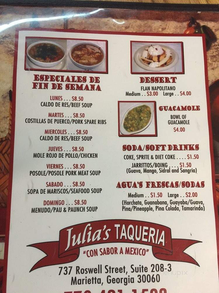 Julia's Taqueria - Marietta, GA menu_pic