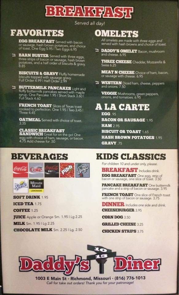Daddy's 10-13 Diner - Richmond, MO menu_pic
